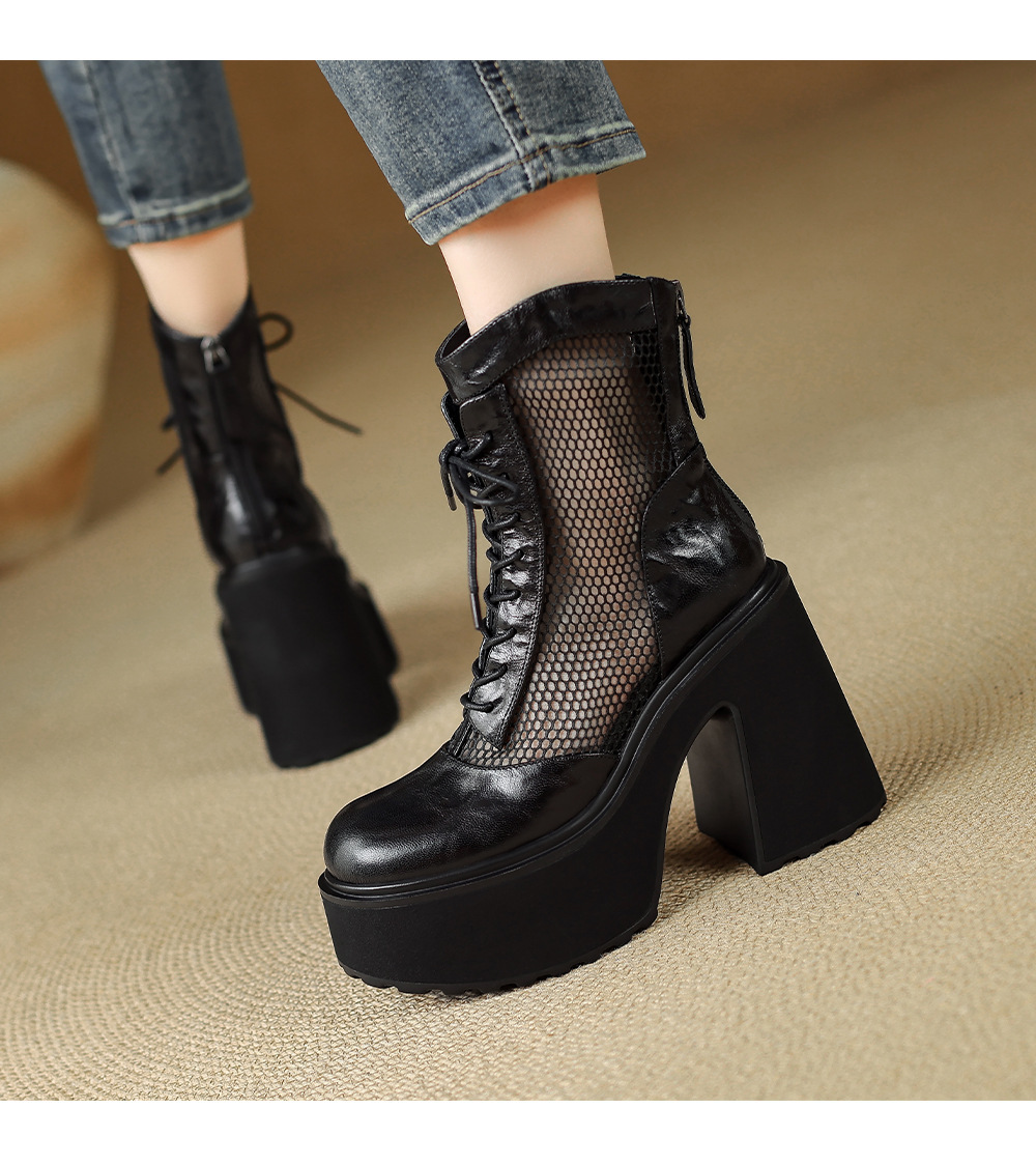 Boot nữ cao gót siêu cao đế platform khoét lỗ phối lưới thoáng khí — màu đen