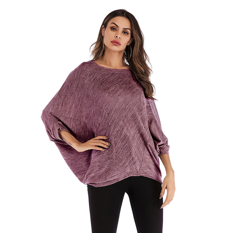 Womens Batwing Sleeve T Shirt Short Sleeve Round Neck Loose Fit Solid Color Autumn Casual Wear Wholesale
