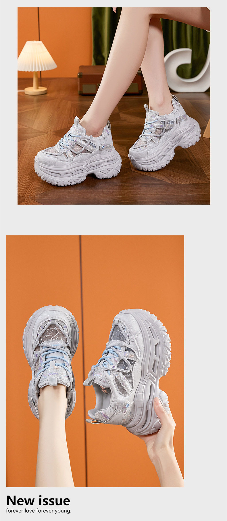 Giày sneaker nữ chunky đế dày phong cách thể thao, mũi tròn, dây buộc, đế cao siêu cao 8cm — Trắng Tím, Xám Xanh chi tiết 13