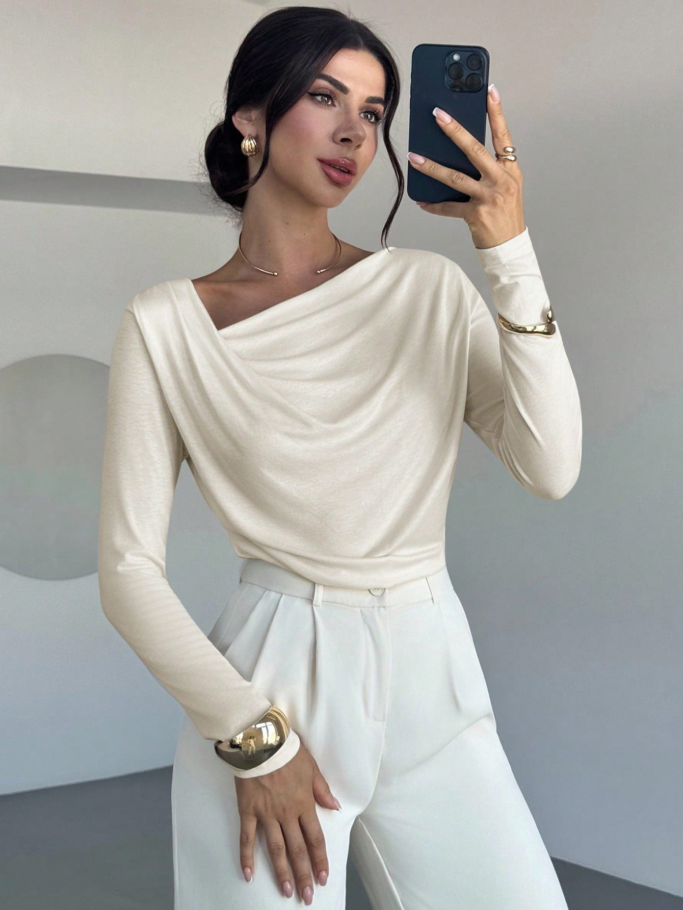 Womens Long Sleeve Asymmetrical Neck Pleated Top Slim Fit Elegant Style Soft Fabric Perfect for Office Wear