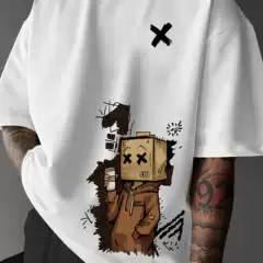 Men's Cotton Casual Loose Streetwear Graphic Print Crew Neck Short-Sleeve T-Shirt