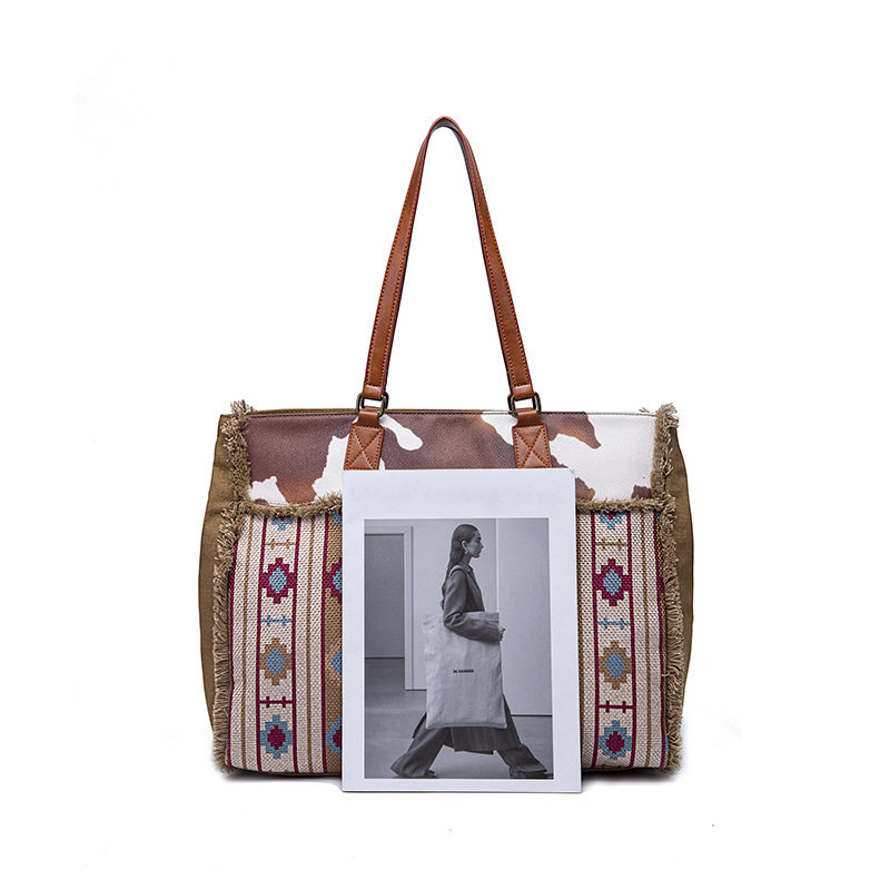 Túi Tote Nữ Vải Canvas Cotton Họa Tiết Bohemian Vintage Đeo Vai, Đeo Chéo, Xách Tay Màu Nâu, Xanh, Đỏ, Be chi tiết 7
