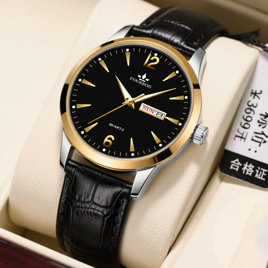 Men's Watch with Dual Calendar, Luminous, Genuine Leather Strap, Digital, Wholesale Waterproof Wristwatch for Men, Large Dial, Business Style