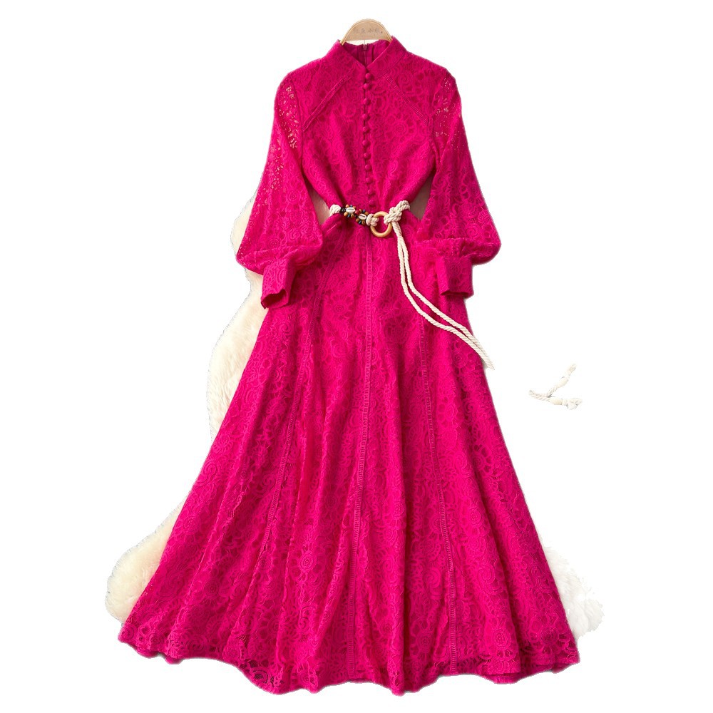 Elegant Red Lace A Line Dress Long Sleeve Waist Defined Breathable Fabric Spring Office Wear Wholesale Available