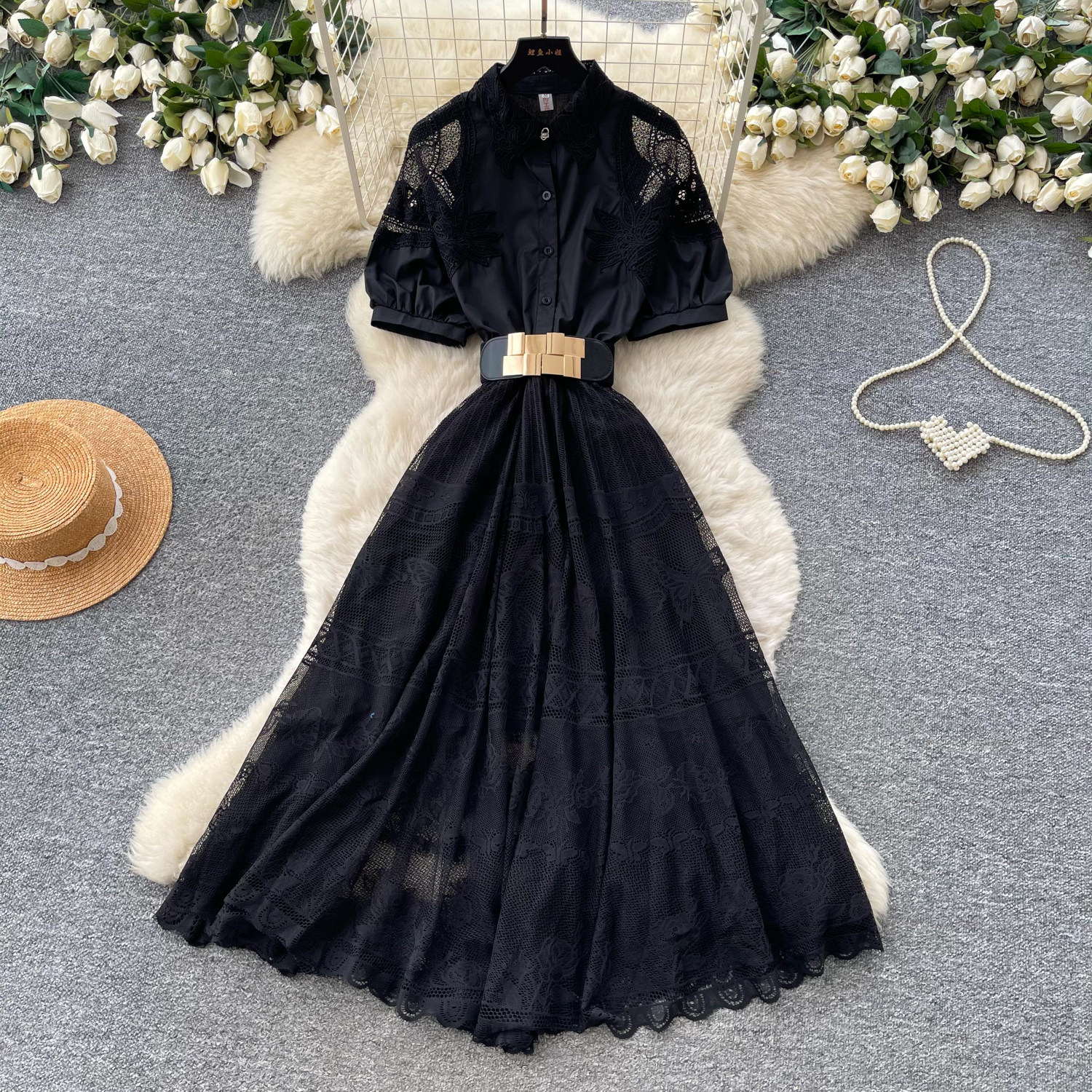French Romantic Pink Hollow Lace Dress Summer A Line Silhouette Waist Defining Elegant Style Wholesale Availability