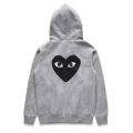 Fleece-lined gray cardigan with a big black heart on the back