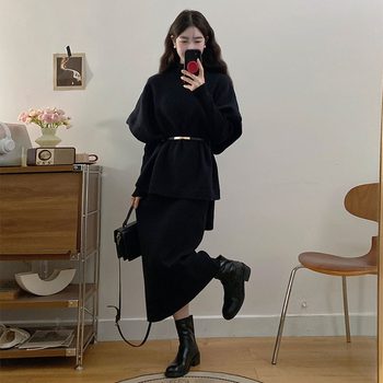 French Lace-Up Waist Sweater Dress Suit for Women Plus Size Fat mm Sexy Slimming Look Two-Piece Set