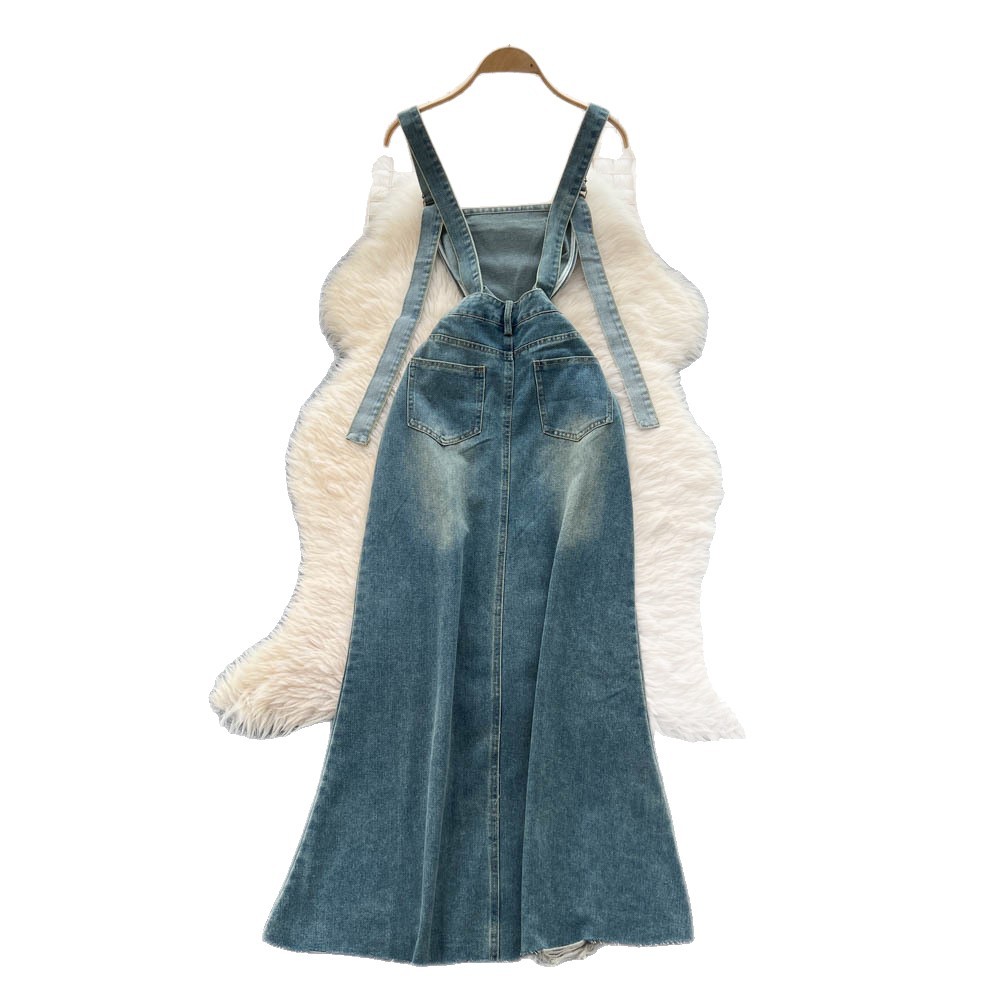 Vintage American Style Denim Overall Dress for Women Distressed Frayed Hem Slim Fit Autumn Casual Wear Wholesale