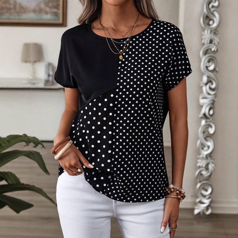 Womens Short Sleeve Polka Dot Print T Shirt Round Neck Casual Style Spring Fashion Wholesale Available