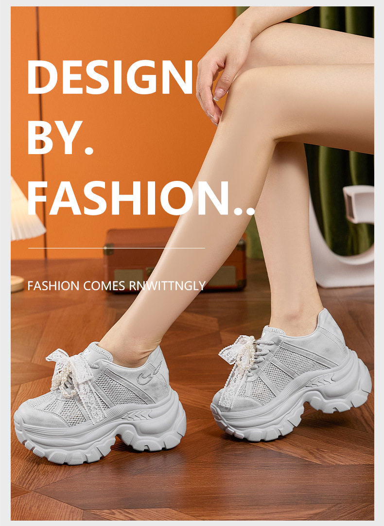 Giày sneaker nữ đế dày chunky phong cách đa năng, cổ thấp, lưới thoáng khí — Trắng, Bạc chi tiết 9