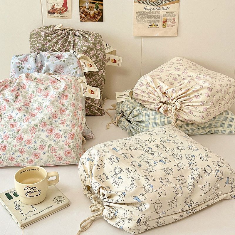 Thickened Ancient Twill Washed Cotton Set, Herringbone Pattern Small Cloth Bag, Four-Piece Cotton and Linen Floral Bedding Set