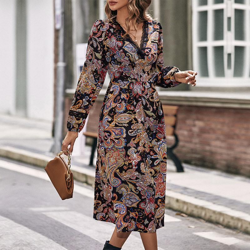 V Neck Floral Long Sleeve Dress Elegant Design European and American Style Perfect for Casual or Formal Occasions