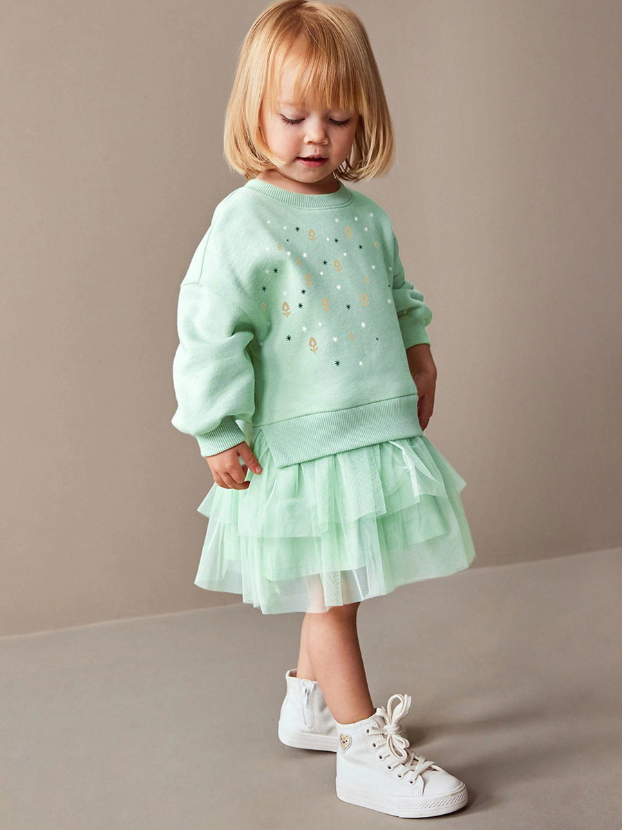 Girls' Long-sleeve Tulle Fleece-lined Autumn Dress, New Kids' Princess Dress, Cute Kids' Dress