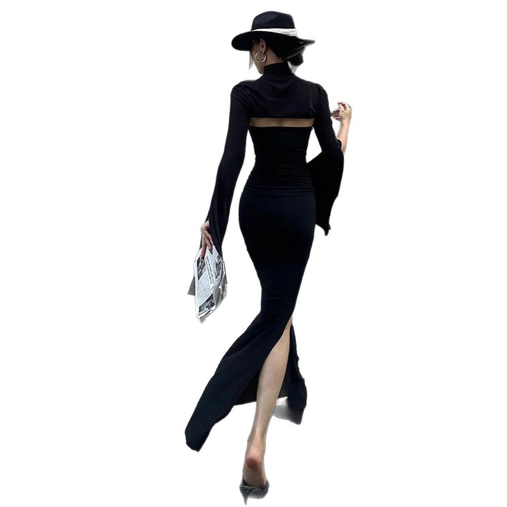 Black Fishtail Dress Slim Fit High Neck Hollow Out Side Split Elegant Evening Wear Wholesale Available