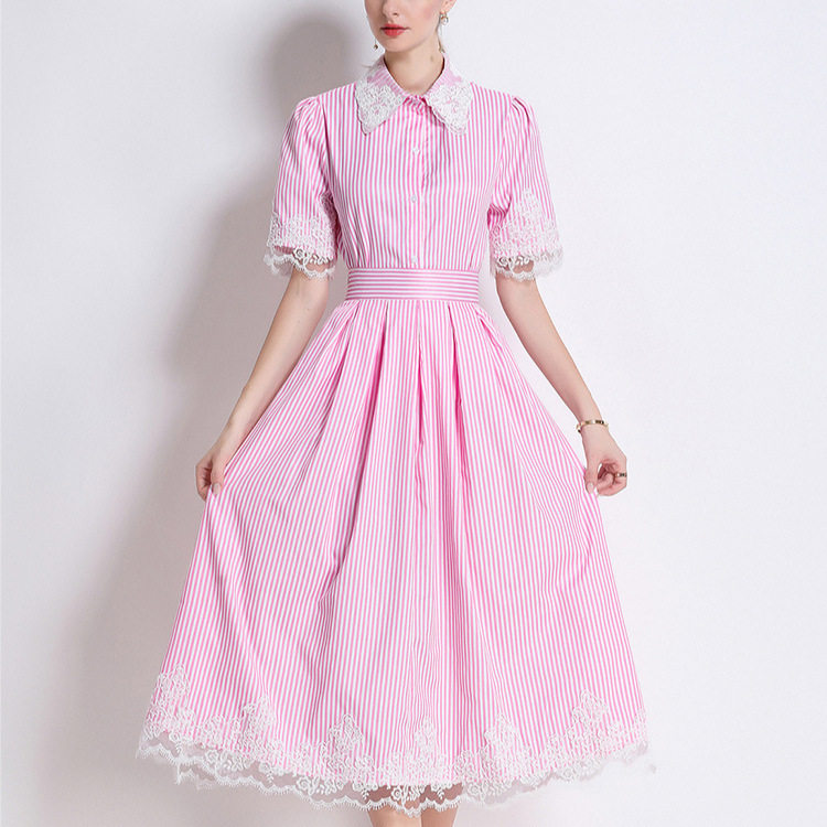 Lace Panel Short Sleeve Striped OL Shirt Set A Line Pleated Midi Skirt Summer Office Wear Wholesale Available