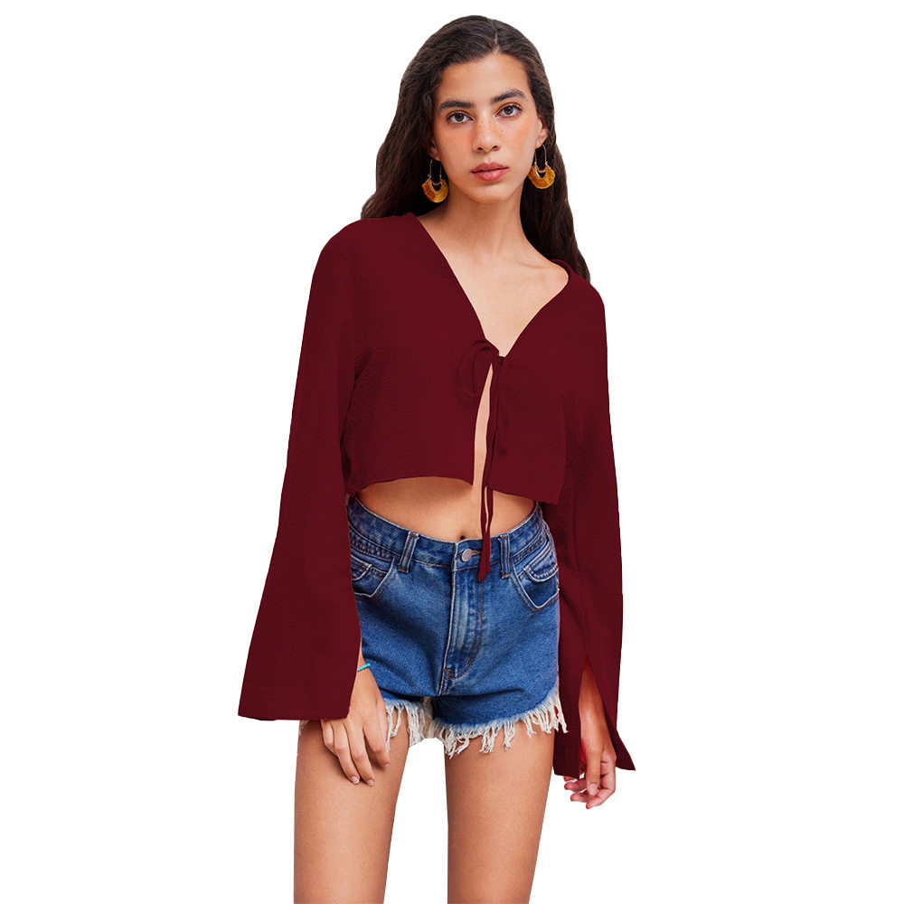 V Neck Tie Front T Shirt Sexy Design Burgundy Color Lightweight Fabric Spring Summer Casual Wear Wholesale Available