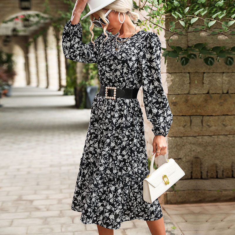 Womens Long Sleeve Black Floral Dress Elegant Design Autumn Winter Style Wholesale Available OEM ODM service