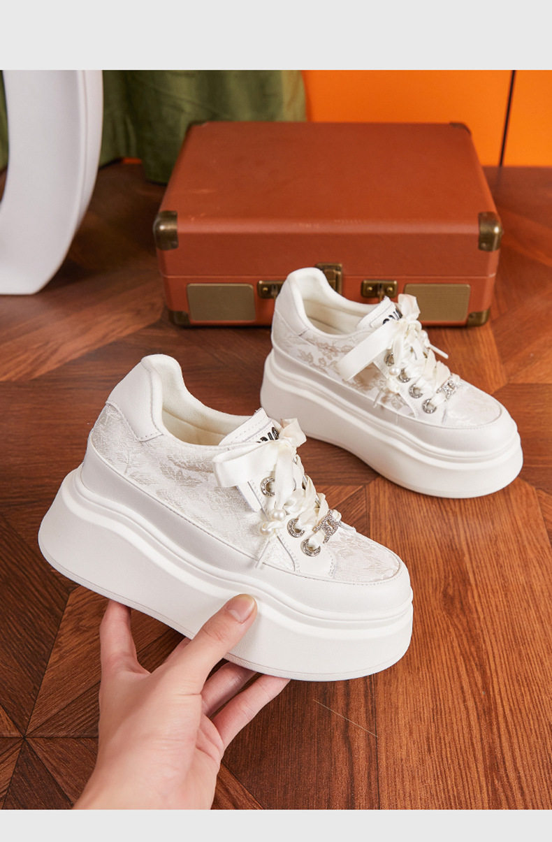 Giày sneaker nữ chunky đế dày phong cách Hàn Quốc, mũi tròn, dây buộc — Hồng vàng, Trắng chi tiết 12