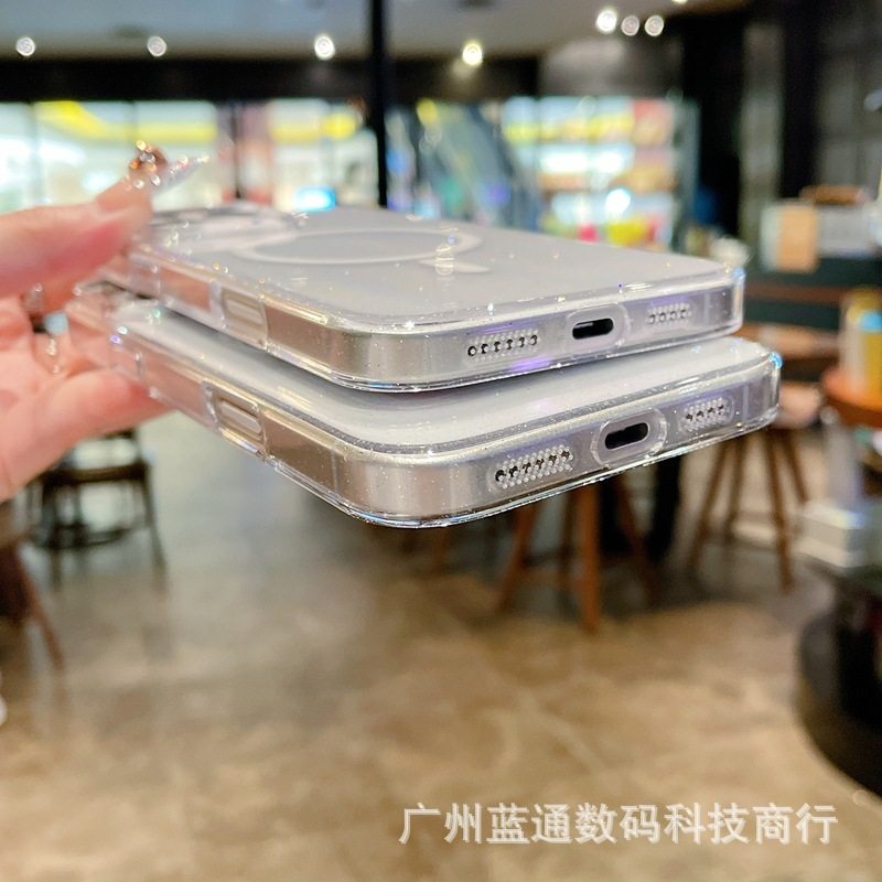 Transparent Glitter Magnetic Suction Suitable for Iphone16Promax Mobile Phone Case Apple 17 Non-Yellowing Pc15 Protective Cover 13