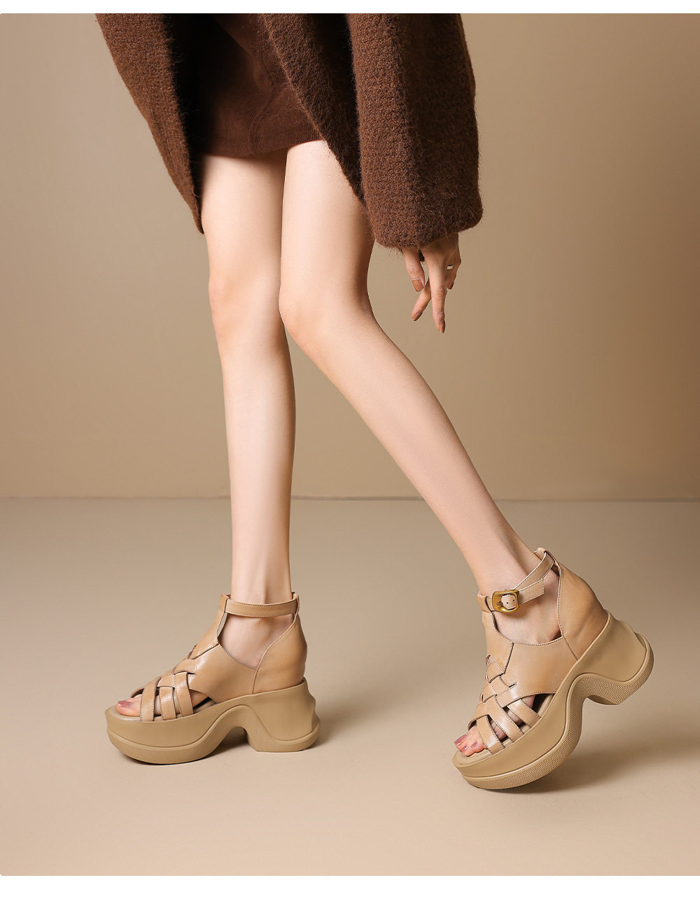 Sandal nữ da bò đan kiểu retro, gót đế xuồng 8 cm, hở mũi — [Đen], [Trắng kem] chi tiết 3
