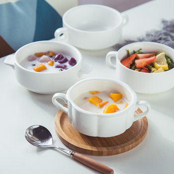 Ceramic Double Ear Bowl Breakfast Steamed Egg Bowl Western Food Sugar Water Bowl Dessert Oatmeal Bowl Borscht Cup with LOGO