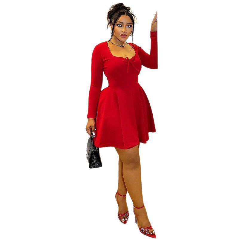 Fashionable Womens A Line Dress Long Sleeve Ruched Waist Solid Color Ideal for Dates and Casual Outings Wholesale