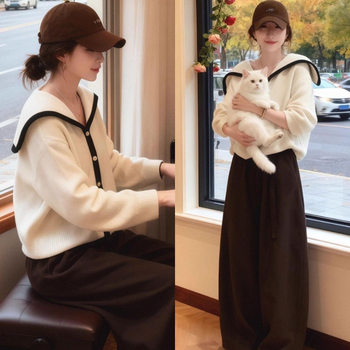 Stunning Autumn and Winter Korean Style Age-Reducing Elegant White Large Lapel Knitted Top Wide-Leg Pants Slimming Two-Piece Set for Women