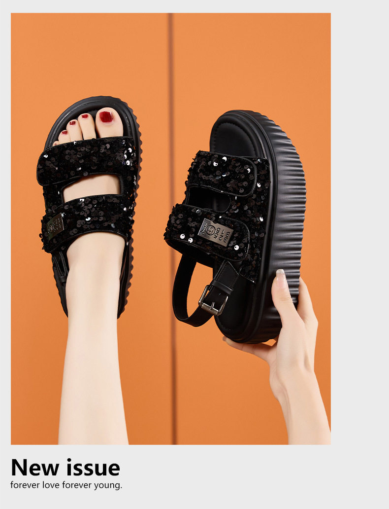Dép sandal nữ xỏ ngón đế bệt phong cách rocker, họa tiết cá tính — Bạc, Đen chi tiết 12
