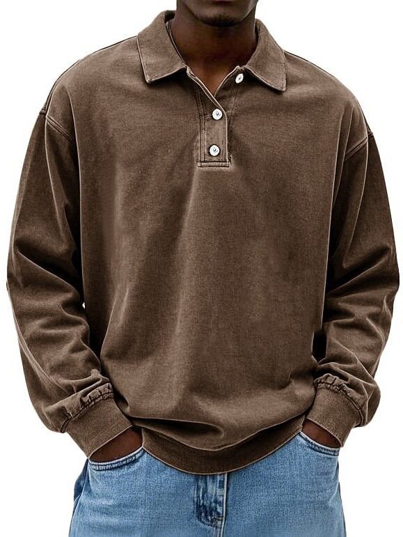 2025 新款跨境亚马逊速卖通春夏季男装长袖POLO衫纯色套头纽扣T恤