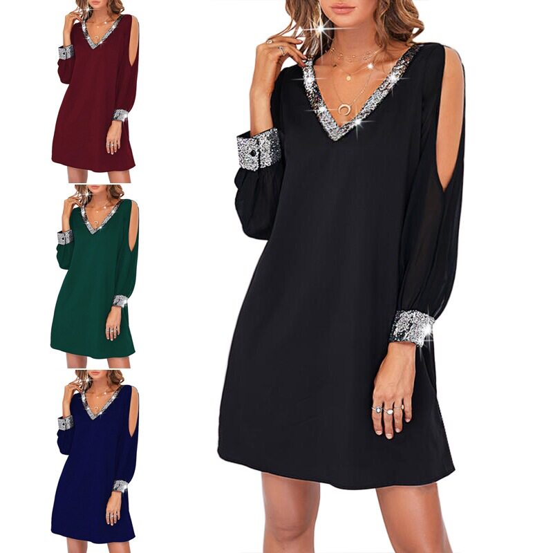 women's solid color off-shoulder sleeve casual fashion deep V-neck sequined splicing dress