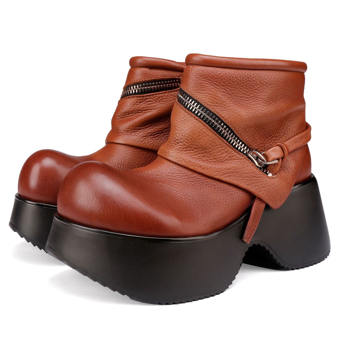 Boot nữ cổ ngắn da bò thật đế dày tăng chiều cao, thiết kế tối giản cá tính — màu đen, Màu nâu