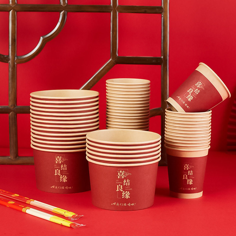 Wedding Bowl Thickened Red Round Paper Bowl Wedding Banquet Supplies Disposable Tableware Set Available for Wholesale