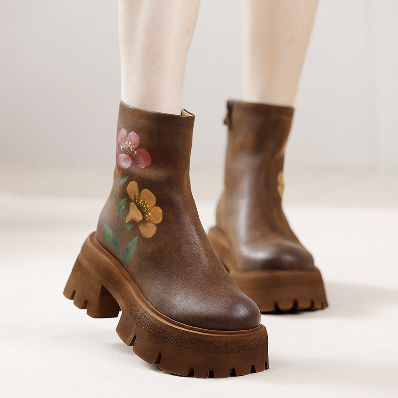 Boot nữ cổ ngắn da bò thật thêu hoa thủ công gót vuông — Màu cà phê, Màu đen