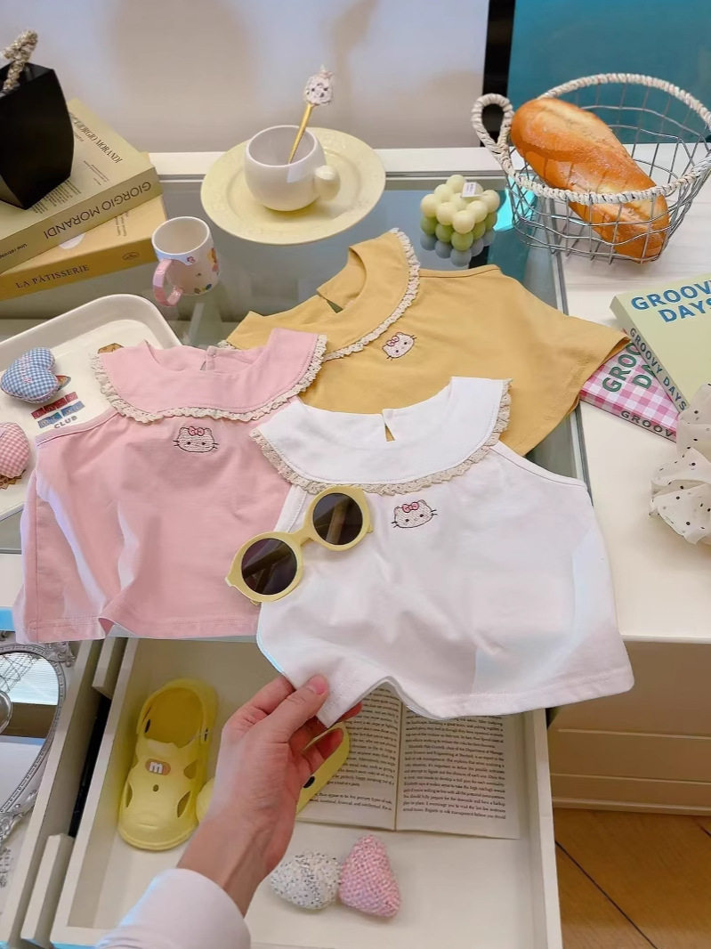 Atasan tanpa lengan super lucu viral serbaguna stylish manis anak perempuan musim panas, tank top bordir 100% katun