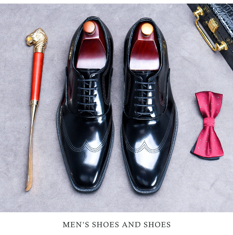Giày Oxford nam da bò bóng buộc dây kiểu Anh công sở — Màu đen, Màu đỏ rượu