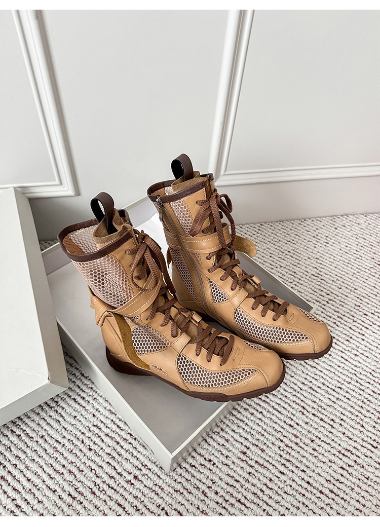 Boot nữ dây buộc phong cách boxing, đế dày, cổ thấp, khóa kéo bên hông — màu đen, Màu lạc đà, Màu nâu