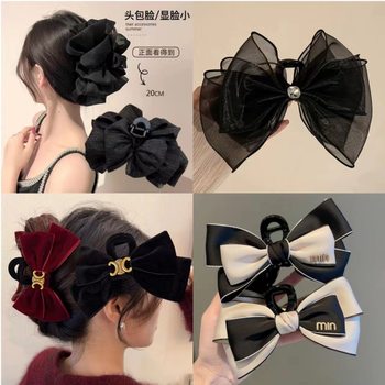 High-end big bow hairpin seersucker large grip back head shark clip Super fairy hair accessories cloud headdress