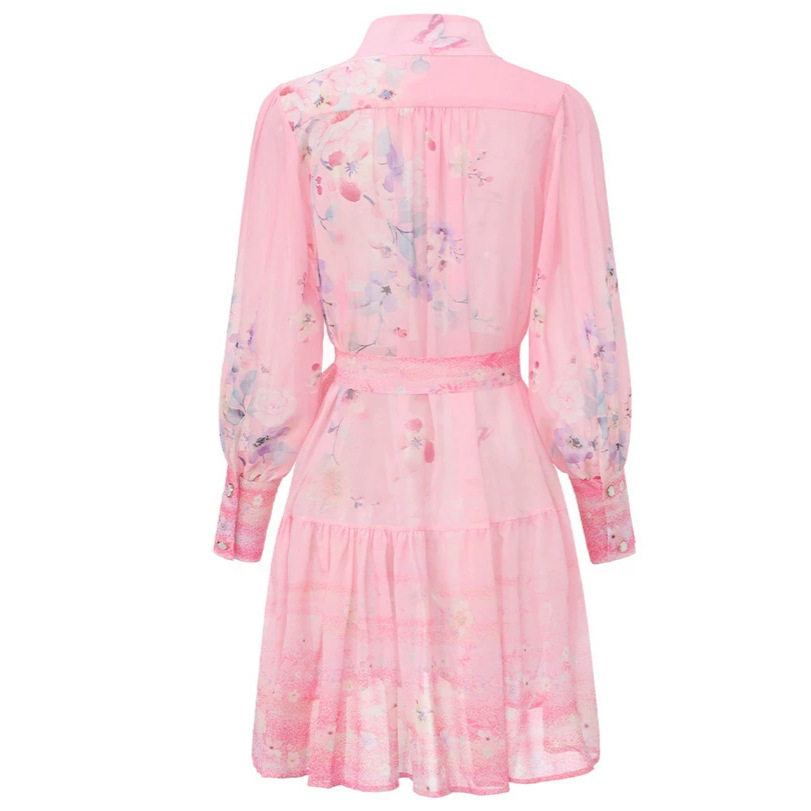 Vintage Floral Print Lantern Sleeve Dress for Women Soft and Elegant Waist Tie Ruffled Hem Mid Length Perfect for