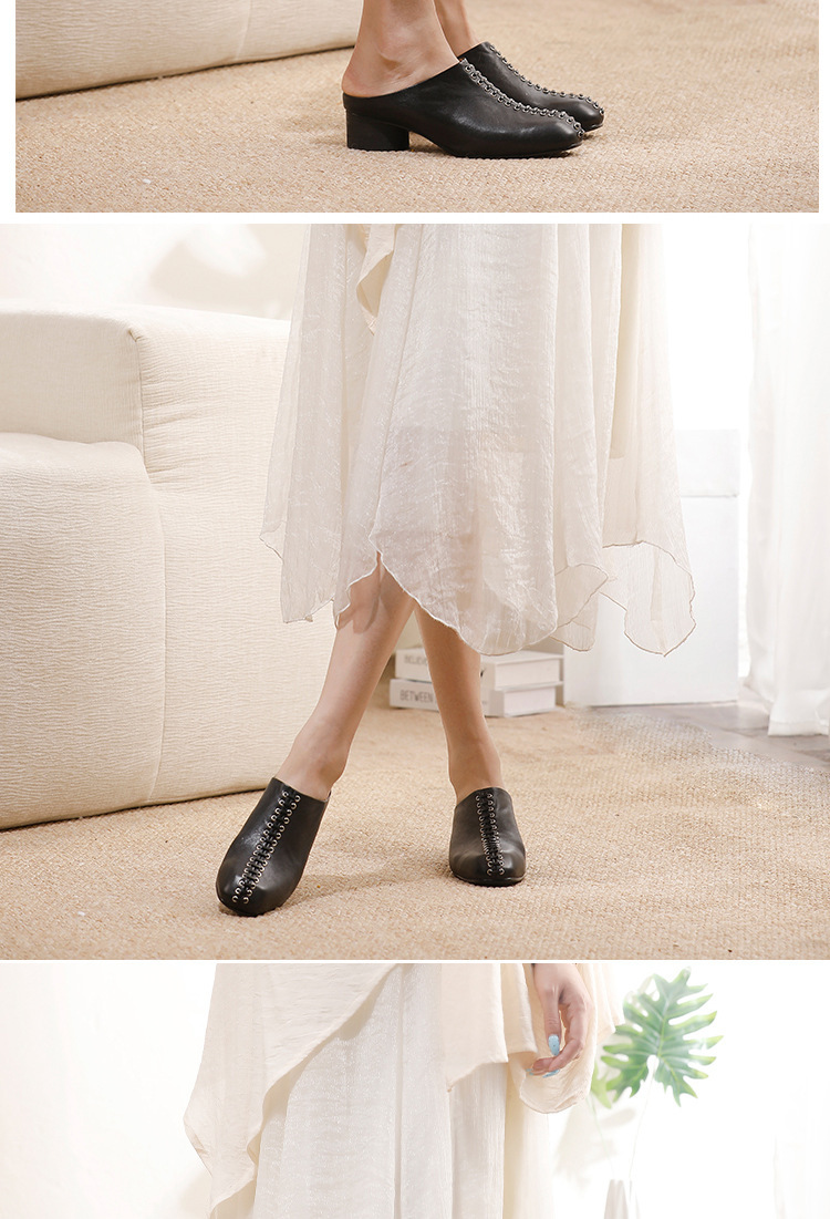 Sandal nữ gót thô bọc mũi da bò thật đế êm phong cách cổ điển — màu đen