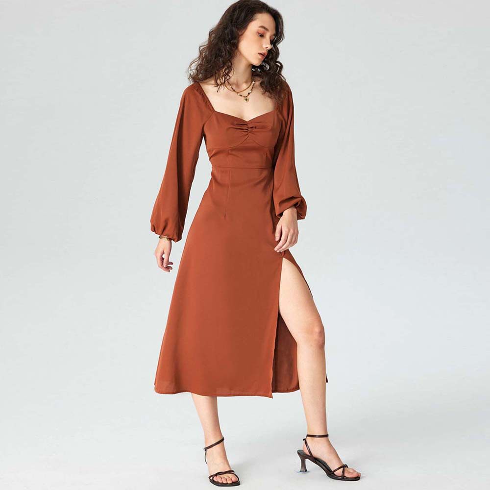 Elegant Midi Dress Square Neck Split Hem Autumn Winter French Style Perfect for Sophisticated Occasions Wholesale