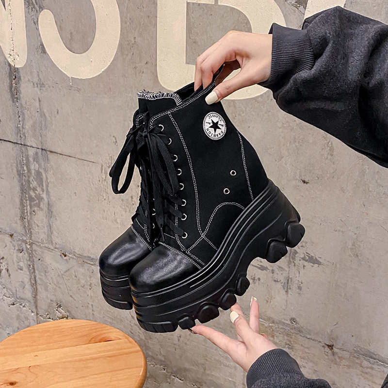 Giày Boot Nữ Vải Canvas Cổ Cao Đế Dày Chiều Cao Đế Khoảng 12cm Màu Đen, Kem