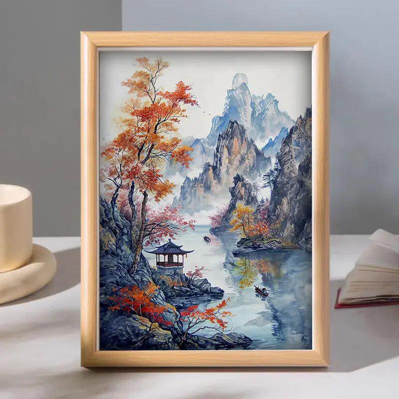 Chinese Style Ink Painting Desktop Ornaments Wooden Photo Frame Freehand Landscape Decoration Gift