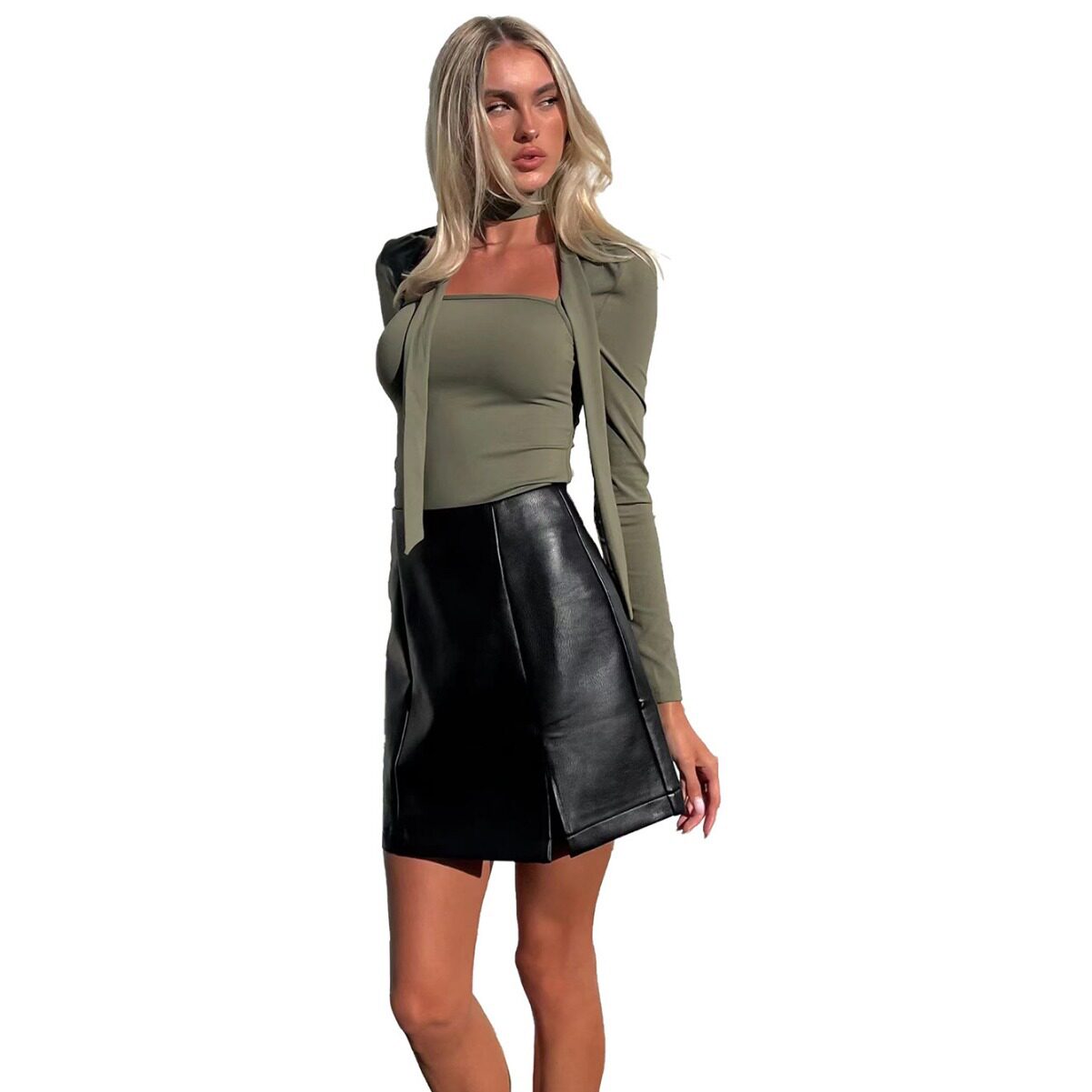 Elegant Womens T Shirt Square Neck Tie Detail Slim Fit Short Sleeve Spring Summer Casual Wear Wholesale Available