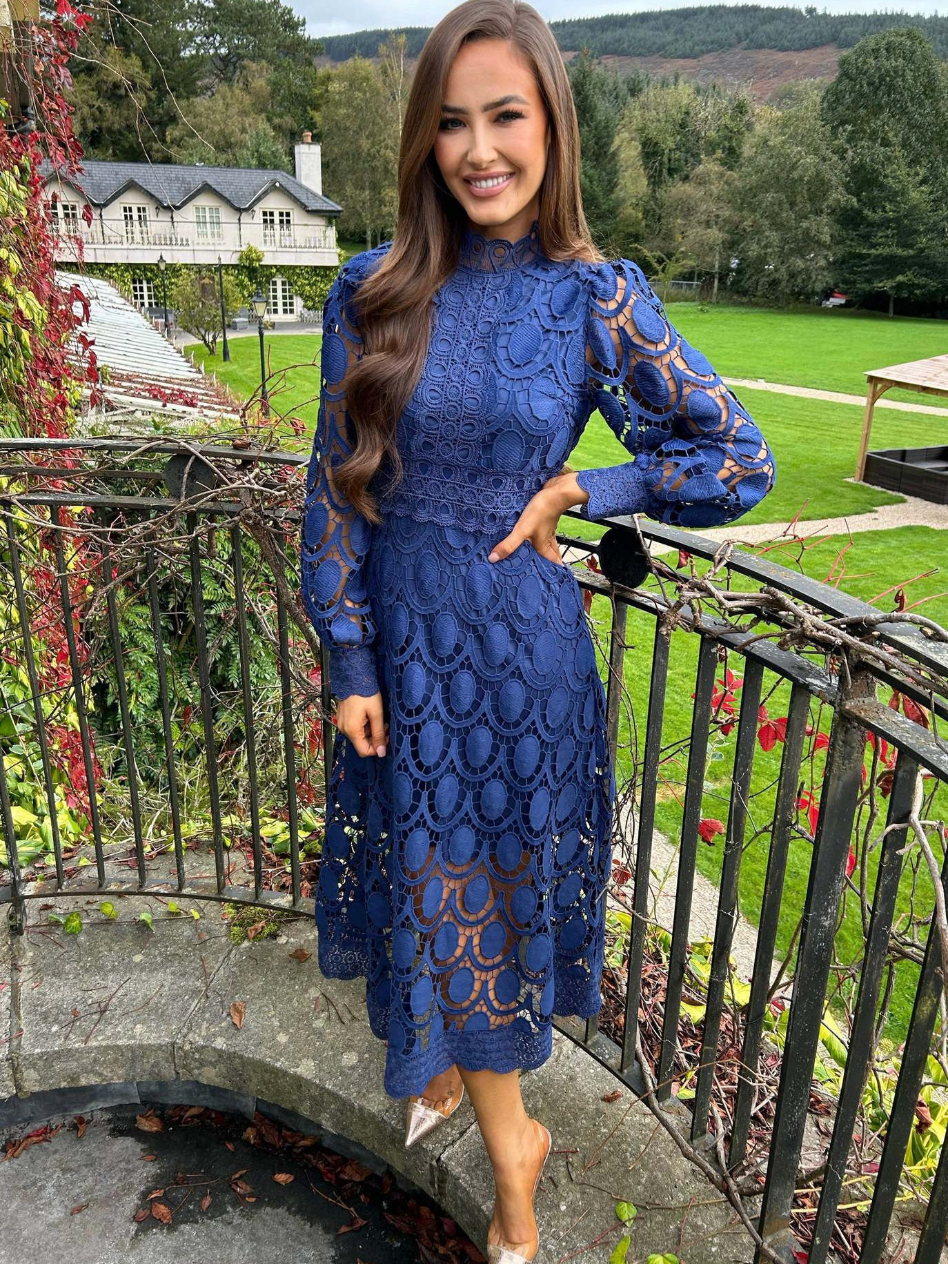 Lace Maxi Dress Sexy Hollow Out Long Sleeve Stand Collar Flared Hem Summer Occasion Wholesale Available