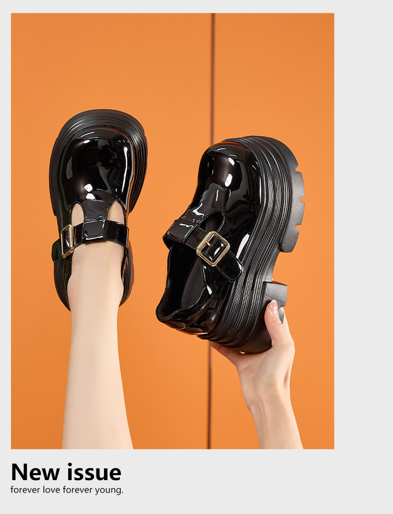 Giày loafer nữ mũi tròn gót cao 8 cm phong cách Anh — Đen, Đen đỏ chi tiết 12