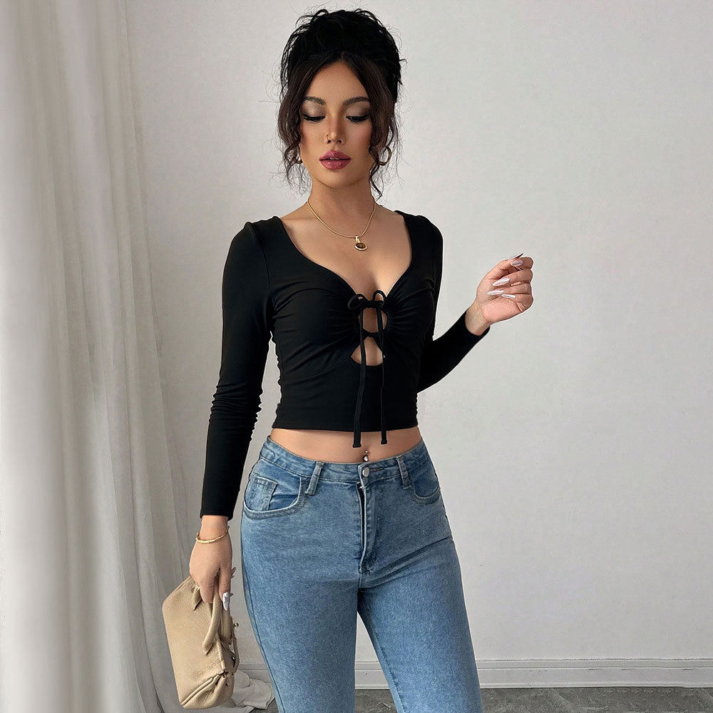 Black Long Sleeve T Shirt Hollow Out V Neck Solid Color Sexy Design Casual Wear for Women Wholesale Available