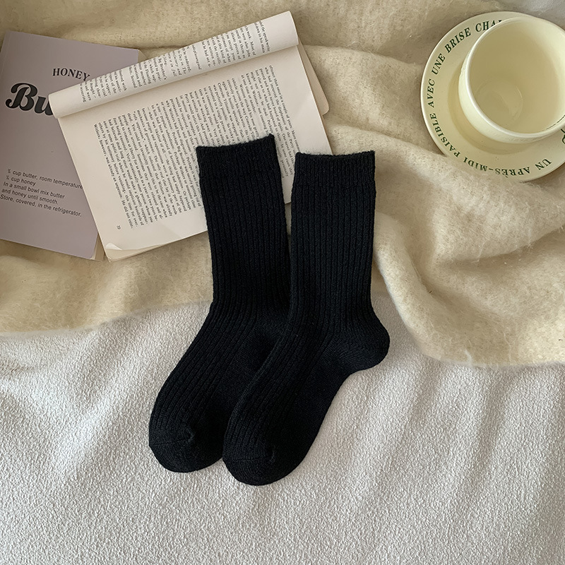 羊毛袜子女秋冬月子袜加厚保暖居家地板冬天日系简约羊绒堆堆长袜