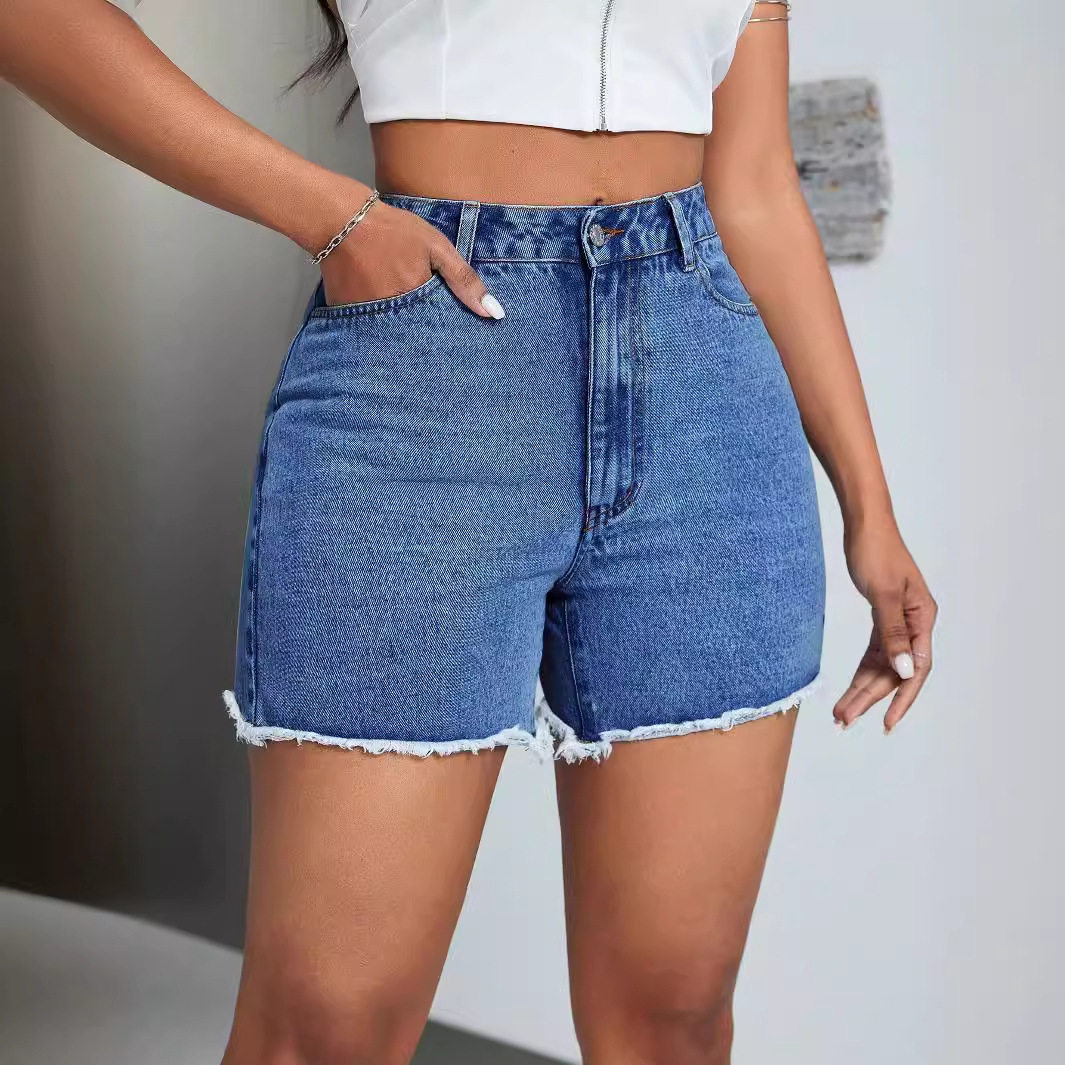 High Waisted Loose Fit Denim Shorts Frayed Hem Fashionable Style Casual Wear Ready to Ship Wholesale Available