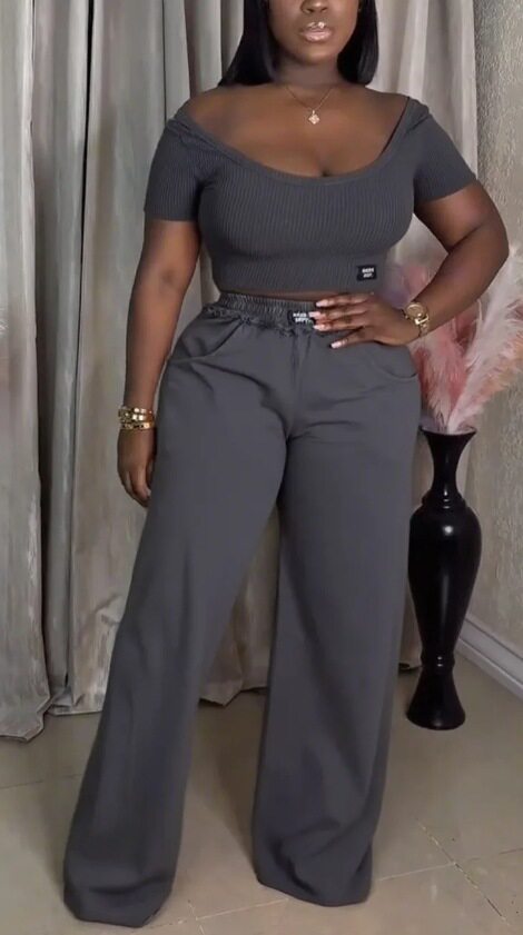 Summer Womens Casual Set Solid Color Round Neck Short Sleeve Top with Long Pants Perfect for Everyday Wear