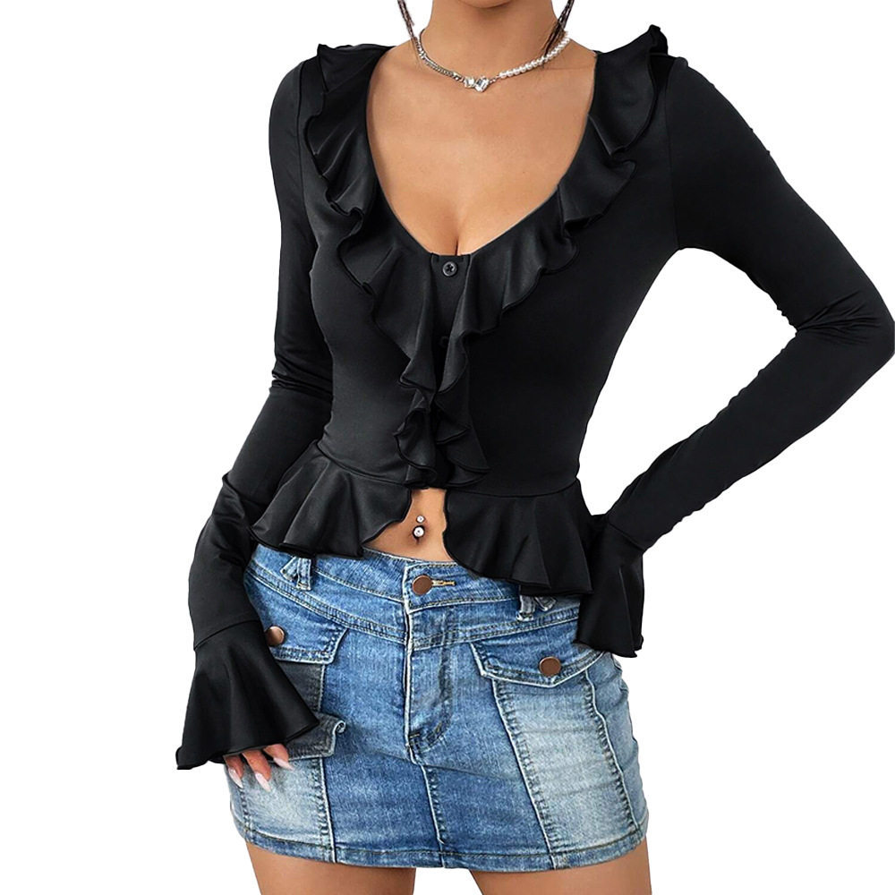 Womens Y2K Ruffled Crop Top Slim Fit Long Sleeve Trendy Design Spring Summer Fashion Wholesale Available